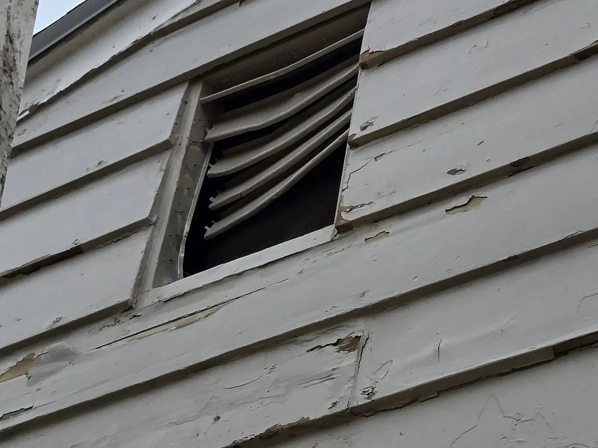 Failed siding at a vent opening — where moisture and pests get in