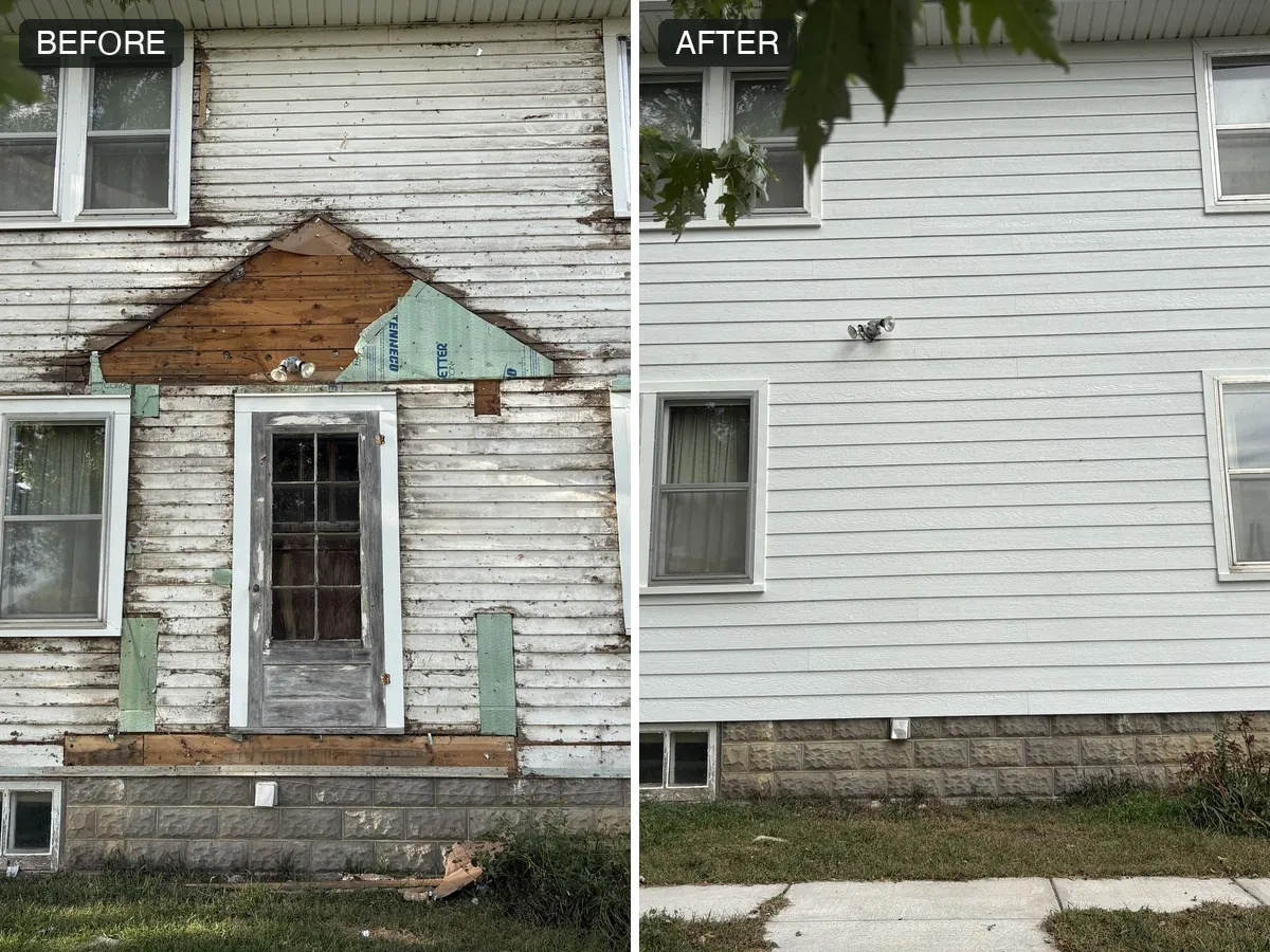 The same wall before and after — new windows and siding